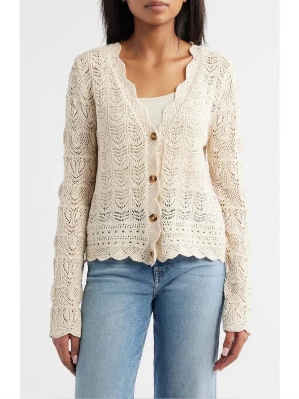 Brand new Scallop-Edge Open Knit Crochet Cotton Cardigan Sweater in Cream